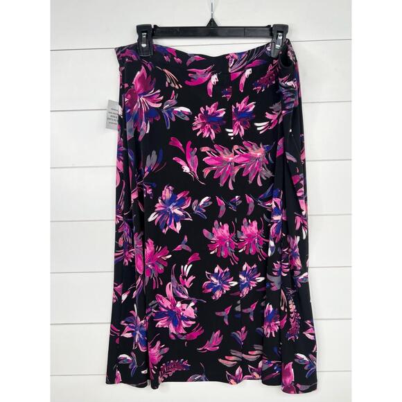 Kasper Midi Skirt Womens Size XL Black purple Floral Flowy Bohemian Jersey Knit - Picture 1 of 9